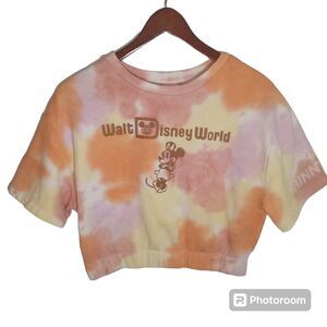 Disney Minnie Mouse Tie Dye Pink Yellow and Orange Cropped Sweatshirt Size L